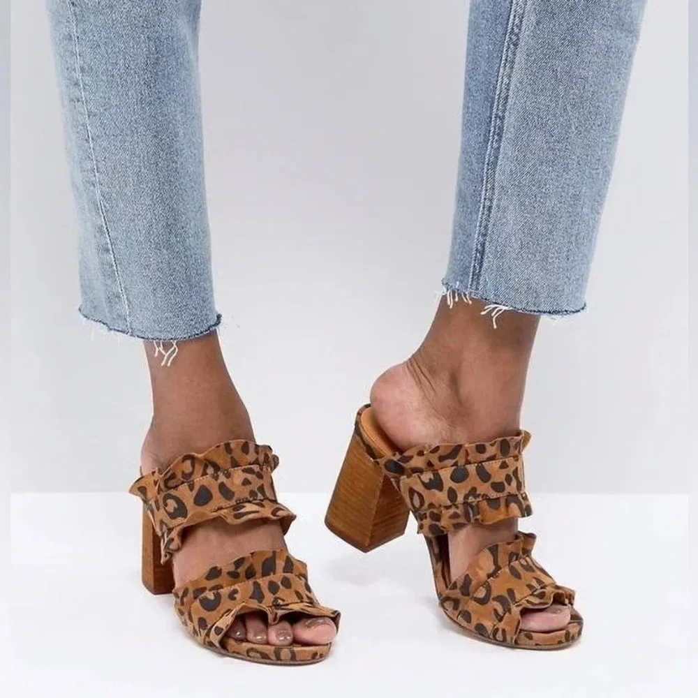 Leopard Print Ruffle Strap Block Heel Mules - Brown - Picture 4 of 13